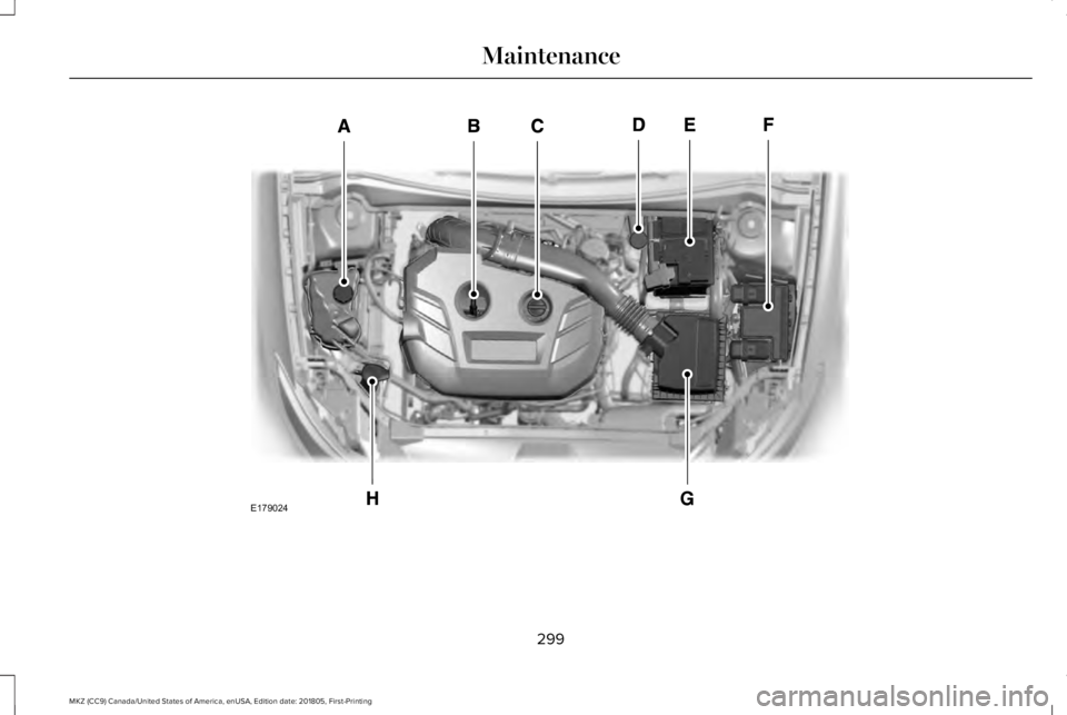 LINCOLN MKZ 2019  Owners Manual 299
MKZ (CC9) Canada/United States of America, enUSA, Edition date: 201805, First-Printing
MaintenanceE179024  