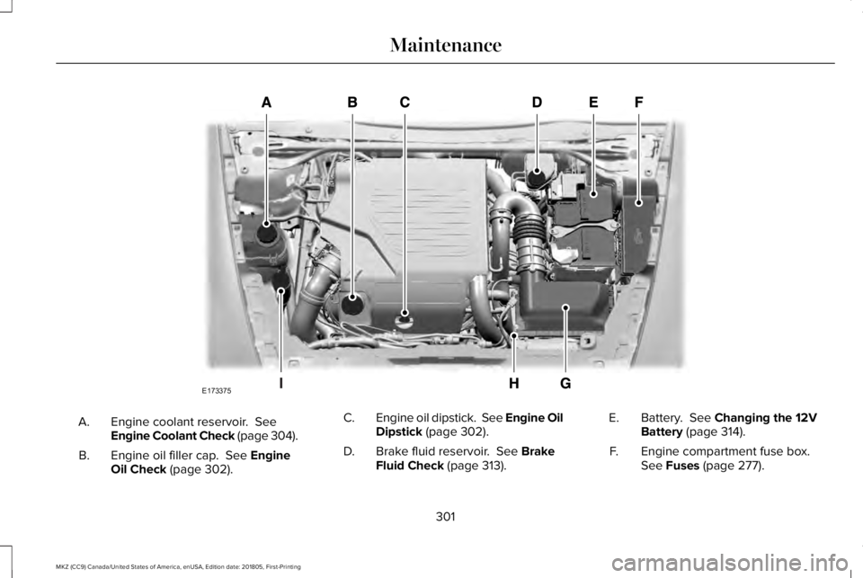 LINCOLN MKZ 2019  Owners Manual Engine coolant reservoir.  SeeEngine Coolant Check (page 304).A.
Engine oil filler cap.  See EngineOil Check (page 302).B.
Engine oil dipstick.  See Engine OilDipstick (page 302).C.
Brake fluid reserv