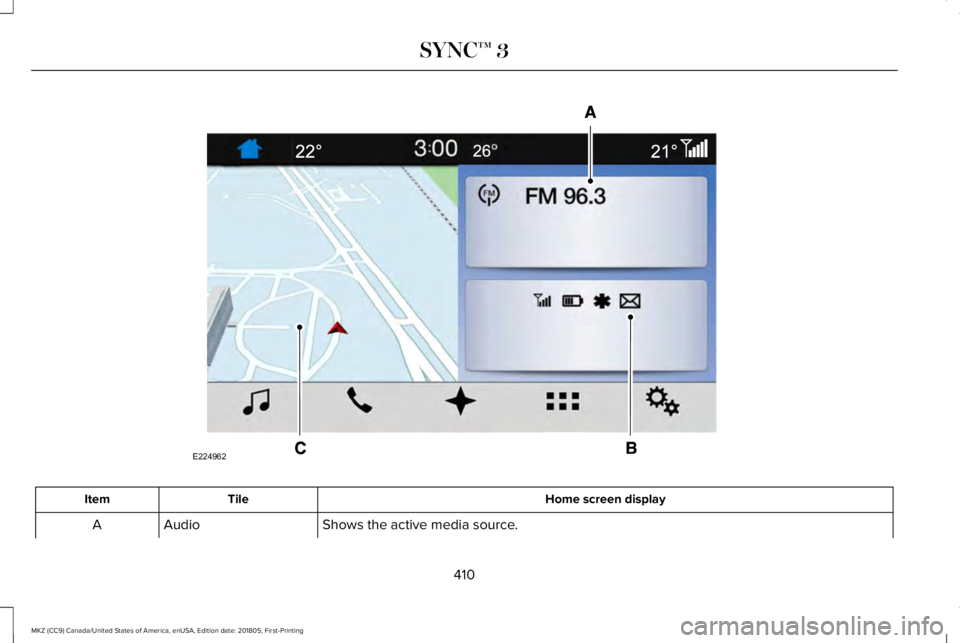 LINCOLN MKZ 2019  Owners Manual Home screen displayTileItem
Shows the active media source.AudioA
410
MKZ (CC9) Canada/United States of America, enUSA, Edition date: 201805, First-Printing
SYNC™ 3E224962  