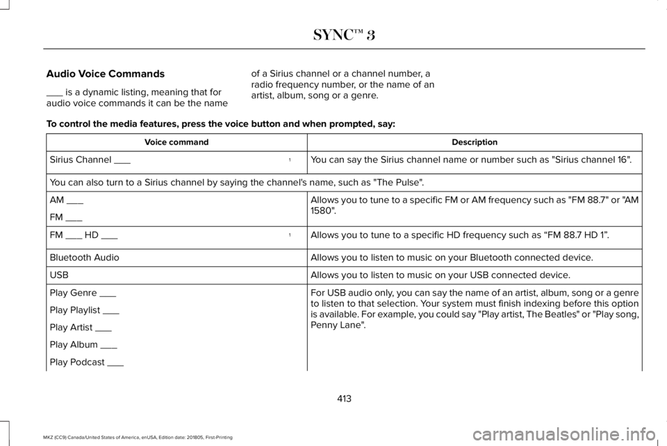 LINCOLN MKZ 2019  Owners Manual Audio Voice Commands
___ is a dynamic listing, meaning that foraudio voice commands it can be the name
of a Sirius channel or a channel number, aradio frequency number, or the name of anartist, album,