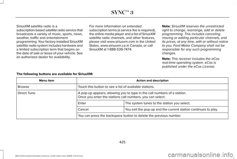 LINCOLN MKZ 2019  Owners Manual SiriusXM satellite radio is asubscription-based satellite radio service thatbroadcasts a variety of music, sports, news,weather, traffic and entertainmentprogramming. Your factory-installed SiriusXMsa