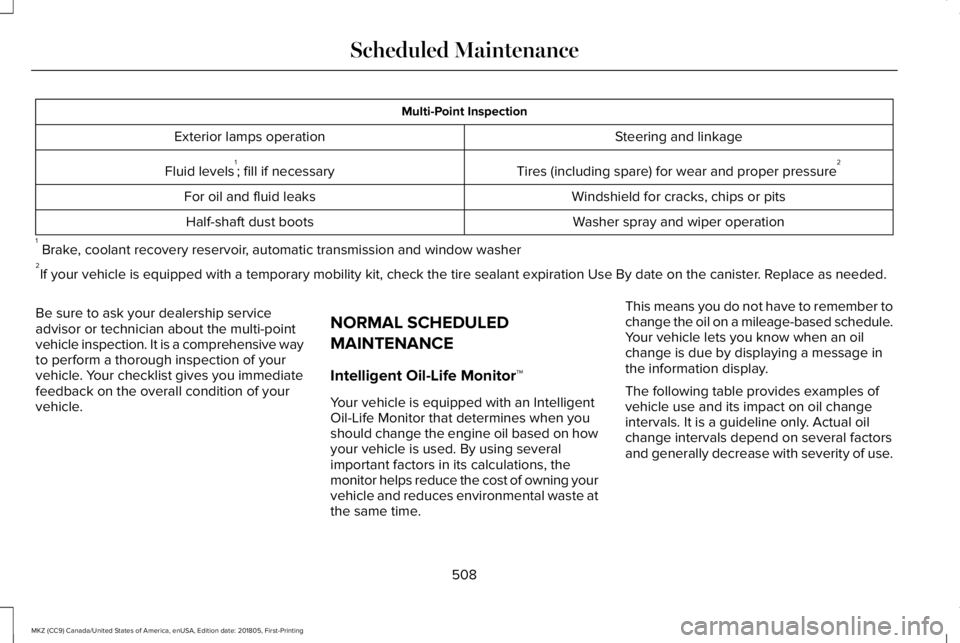 LINCOLN MKZ 2019  Owners Manual Multi-Point Inspection
Steering and linkageExterior lamps operation
Tires (including spare) for wear and proper pressure2Fluid levels1; fill if necessary
Windshield for cracks, chips or pitsFor oil an