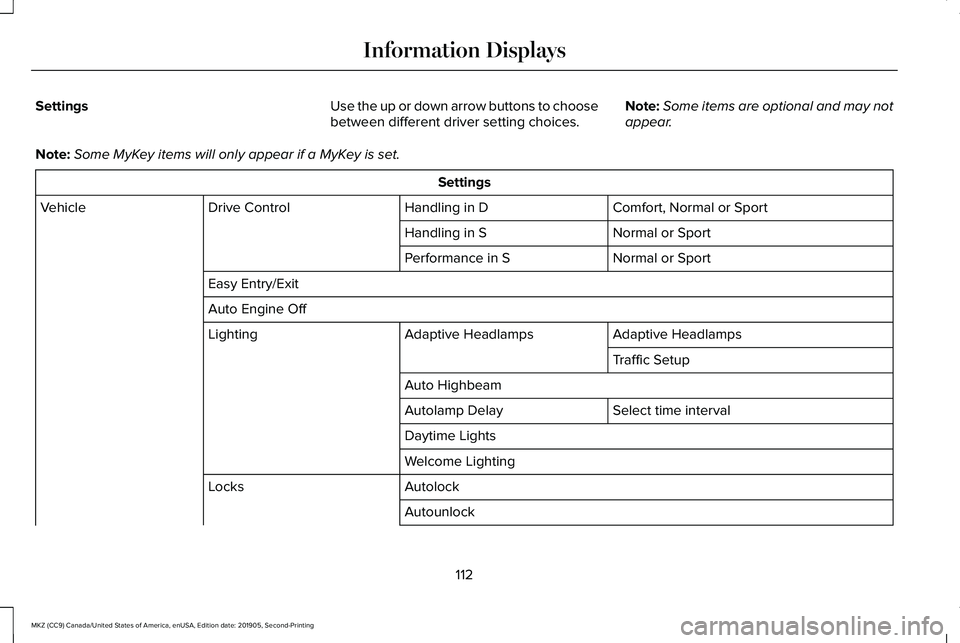 LINCOLN MKZ 2020 Owners Guide Settings
Use the up or down arrow buttons to choose
between different driver setting choices.Note:
Some items are optional and may not
appear.
Note: Some MyKey items will only appear if a MyKey is set LINCOLN MKZ 2020 Owners Guide Settings
Use the up or down arrow buttons to choose
between different driver setting choices.Note:
Some items are optional and may not
appear.
Note: Some MyKey items will only appear if a MyKey is set