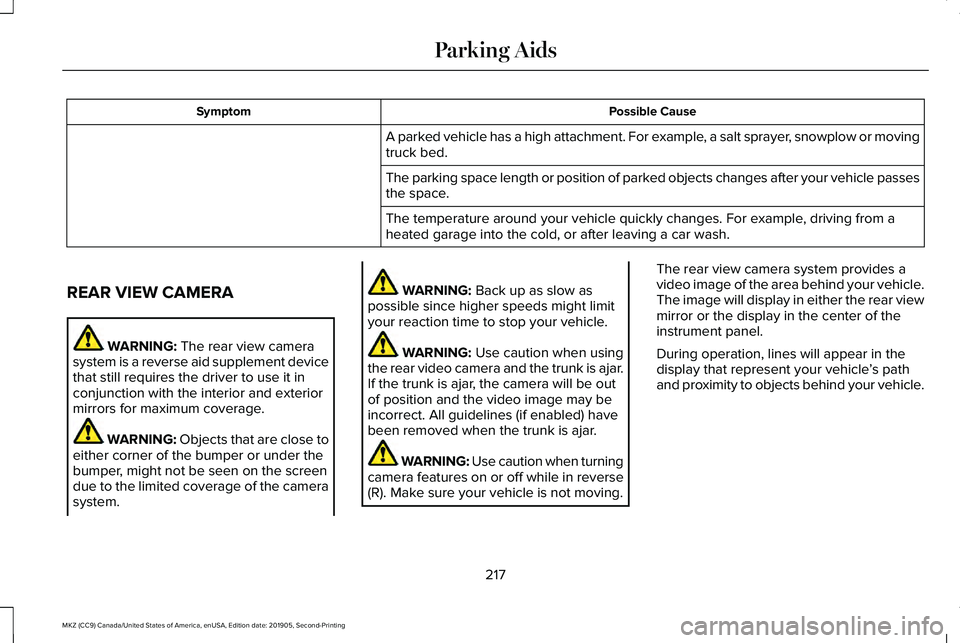 LINCOLN MKZ 2020  Owners Manual Possible Cause
Symptom
A parked vehicle has a high attachment. For example, a salt sprayer, snowplow or moving
truck bed.
The parking space length or position of parked objects changes after your vehi