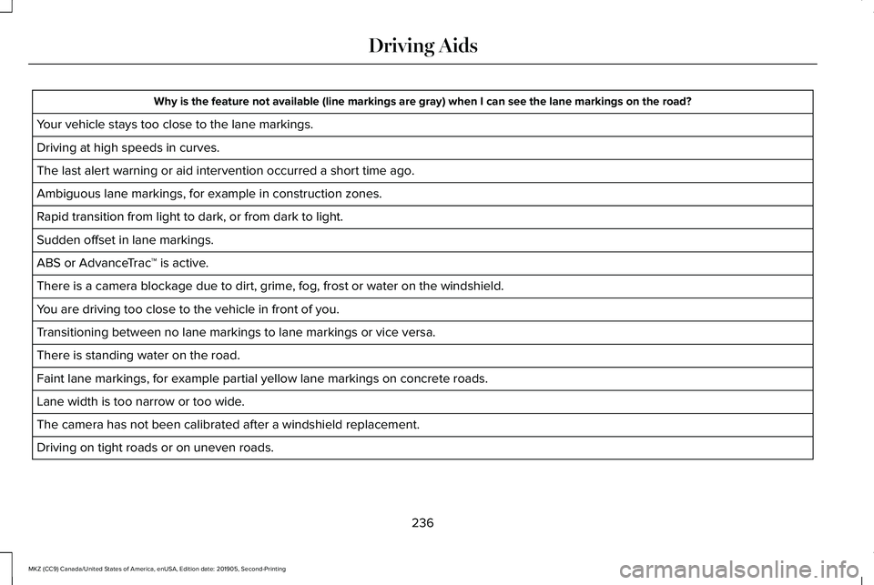 LINCOLN MKZ 2020 Owners Manual Why is the feature not available (line markings are gray) when I can s\
ee the lane markings on the road?
Your vehicle stays too close to the lane markings.
Driving at high speeds in curves.
The last LINCOLN MKZ 2020 Owners Manual Why is the feature not available (line markings are gray) when I can s\
ee the lane markings on the road?
Your vehicle stays too close to the lane markings.
Driving at high speeds in curves.
The last