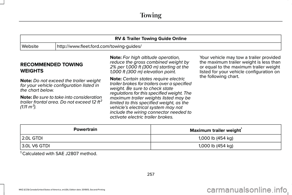 LINCOLN MKZ 2020 Service Manual RV & Trailer Towing Guide Online
http://www.fleet.ford.com/towing-guides/
Website
RECOMMENDED TOWING
WEIGHTS
Note: Do not exceed the trailer weight
for your vehicle configuration listed in
the chart b LINCOLN MKZ 2020 Service Manual RV & Trailer Towing Guide Online
http://www.fleet.ford.com/towing-guides/
Website
RECOMMENDED TOWING
WEIGHTS
Note: Do not exceed the trailer weight
for your vehicle configuration listed in
the chart b