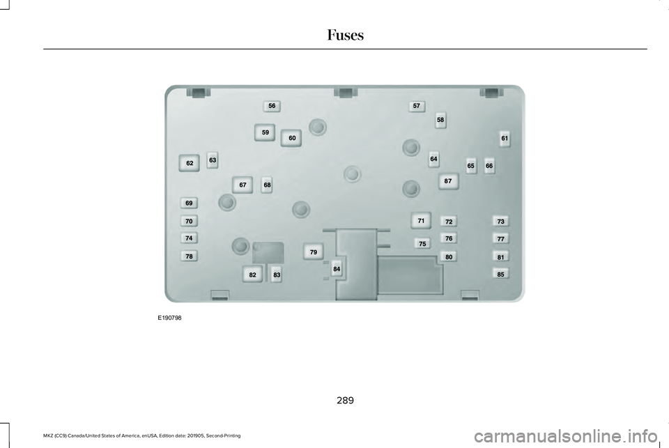 LINCOLN MKZ 2020 User Guide 289
MKZ (CC9) Canada/United States of America, enUSA, Edition date: 201905, Second-Printing FusesE190798  