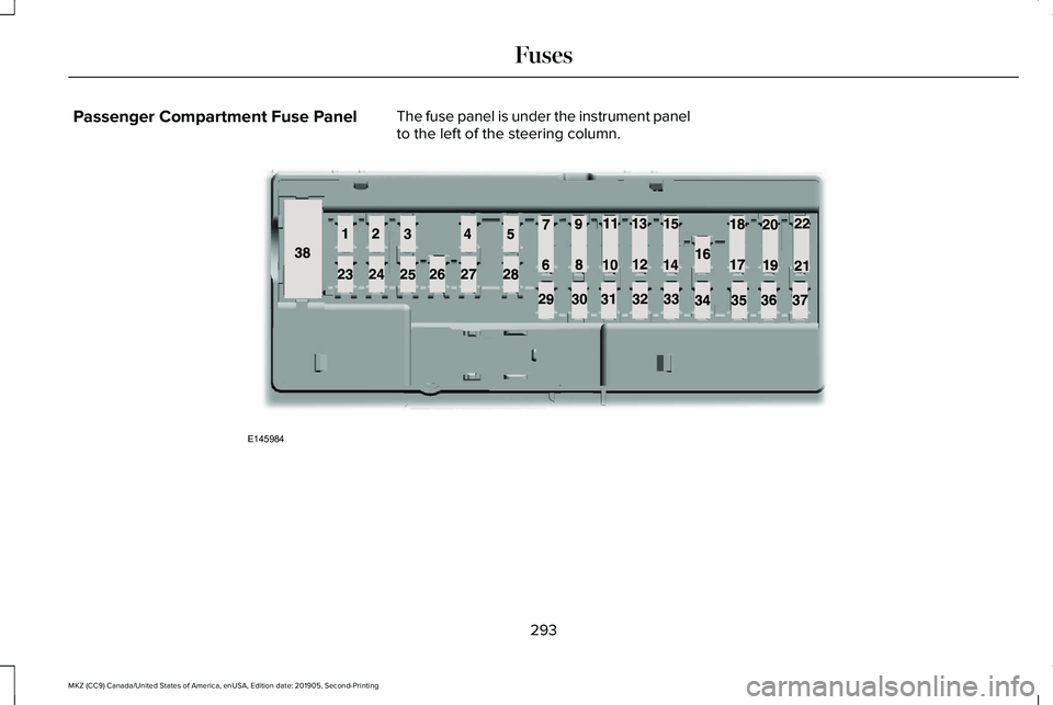 LINCOLN MKZ 2020 User Guide Passenger Compartment Fuse Panel
The fuse panel is under the instrument panel
to the left of the steering column. 293
MKZ (CC9) Canada/United States of America, enUSA, Edition date: 201905, Second-Pri