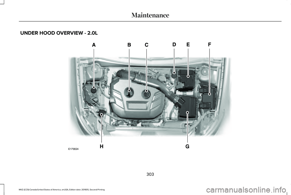 LINCOLN MKZ 2020 Owners Manual UNDER HOOD OVERVIEW - 2.0L
303
MKZ (CC9) Canada/United States of America, enUSA, Edition date: 201905, Second-Printing MaintenanceE179024 LINCOLN MKZ 2020 Owners Manual UNDER HOOD OVERVIEW - 2.0L
303
MKZ (CC9) Canada/United States of America, enUSA, Edition date: 201905, Second-Printing MaintenanceE179024