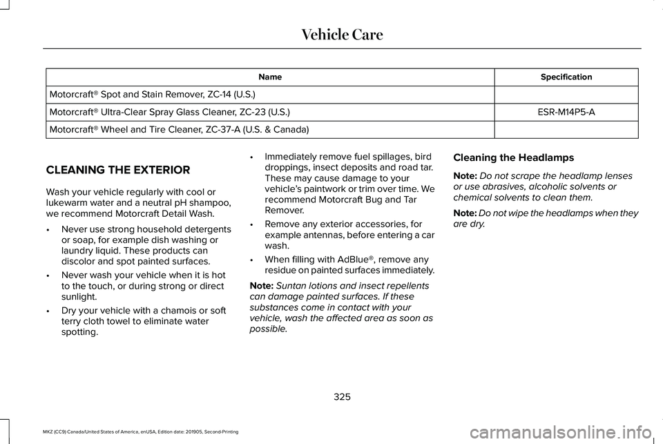 LINCOLN MKZ 2020 Owners Manual Specification
Name
Motorcraft® Spot and Stain Remover, ZC-14 (U.S.) ESR-M14P5-A
Motorcraft® Ultra-Clear Spray Glass Cleaner, ZC-23 (U.S.)
Motorcraft® Wheel and Tire Cleaner, ZC-37-A (U.S. & Canada) LINCOLN MKZ 2020 Owners Manual Specification
Name
Motorcraft® Spot and Stain Remover, ZC-14 (U.S.) ESR-M14P5-A
Motorcraft® Ultra-Clear Spray Glass Cleaner, ZC-23 (U.S.)
Motorcraft® Wheel and Tire Cleaner, ZC-37-A (U.S. & Canada)