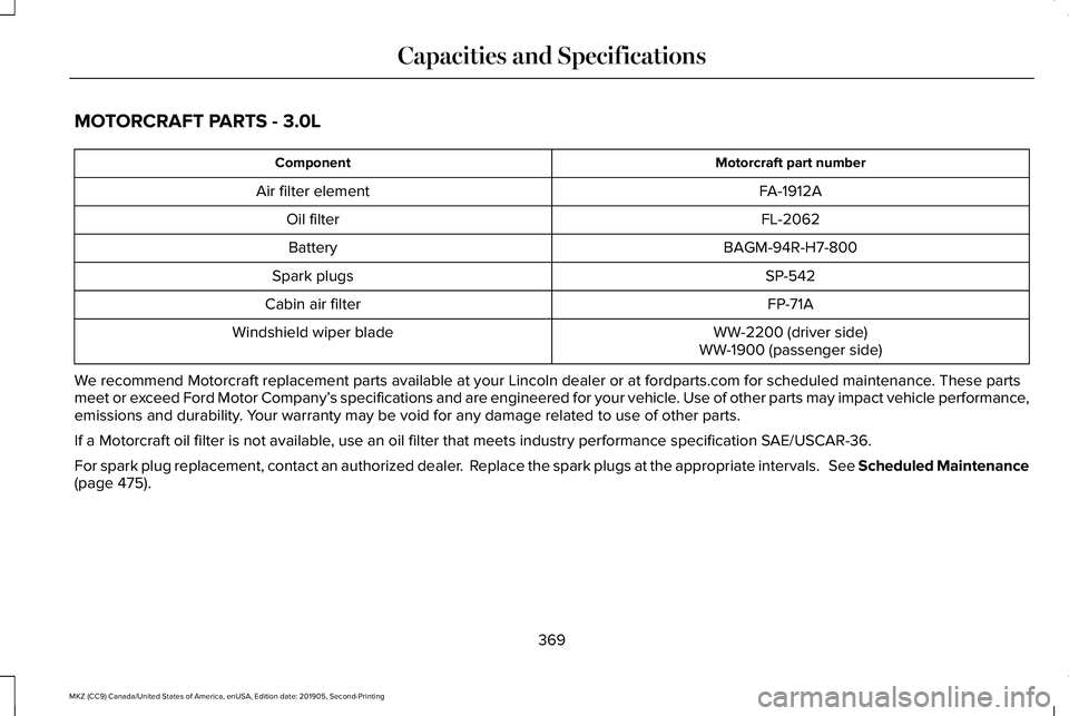 LINCOLN MKZ 2020 Owners Manual MOTORCRAFT PARTS - 3.0L
Motorcraft part number
Component
FA-1912A
Air filter element
FL-2062
Oil filter
BAGM-94R-H7-800
Battery
SP-542
Spark plugs
FP-71A
Cabin air filter
WW-2200 (driver side)
Windshi LINCOLN MKZ 2020 Owners Manual MOTORCRAFT PARTS - 3.0L
Motorcraft part number
Component
FA-1912A
Air filter element
FL-2062
Oil filter
BAGM-94R-H7-800
Battery
SP-542
Spark plugs
FP-71A
Cabin air filter
WW-2200 (driver side)
Windshi