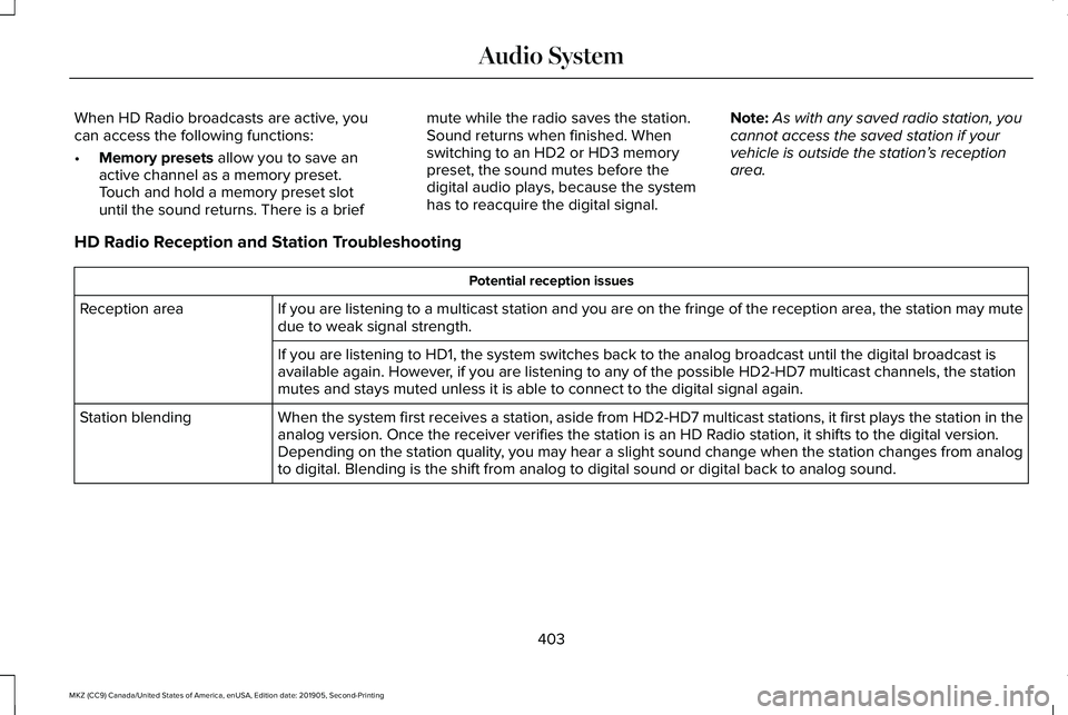 LINCOLN MKZ 2020 Owners Manual When HD Radio broadcasts are active, you
can access the following functions:
•
Memory presets allow you to save an
active channel as a memory preset.
Touch and hold a memory preset slot
until the so LINCOLN MKZ 2020 Owners Manual When HD Radio broadcasts are active, you
can access the following functions:
•
Memory presets allow you to save an
active channel as a memory preset.
Touch and hold a memory preset slot
until the so