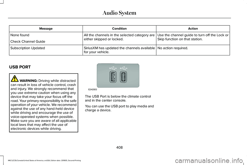 LINCOLN MKZ 2020 Service Manual Action
Condition
Message
Use the channel guide to turn off the Lock or
Skip function on that station.
All the channels in the selected category are
either skipped or locked.
None found
Check Channel G