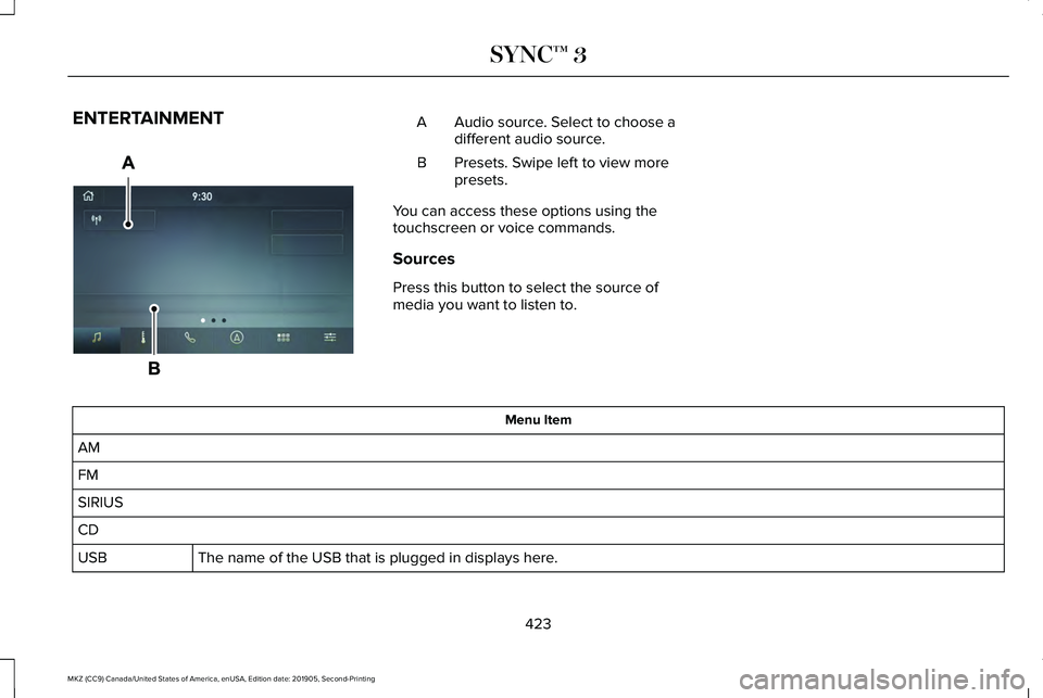 LINCOLN MKZ 2020 User Guide ENTERTAINMENT
Audio source. Select to choose a
different audio source.
A
Presets. Swipe left to view more
presets.
B
You can access these options using the
touchscreen or voice commands.
Sources
Press