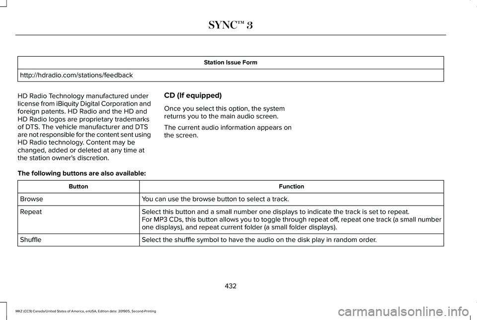 LINCOLN MKZ 2020 Workshop Manual Station Issue Form
http://hdradio.com/stations/feedback
HD Radio Technology manufactured under
license from iBiquity Digital Corporation and
foreign patents. HD Radio and the HD and
HD Radio logos are