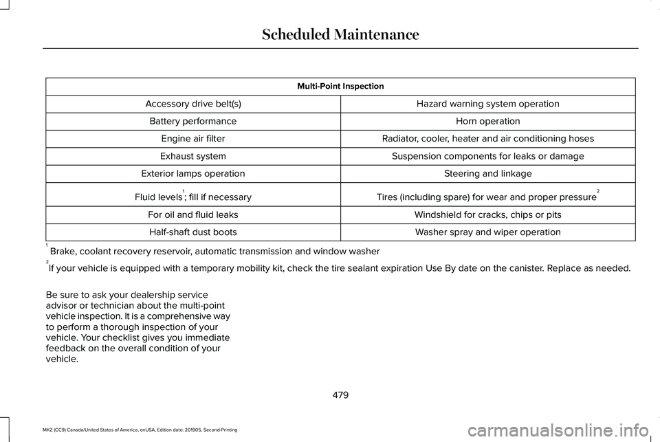 LINCOLN MKZ 2020 Service Manual Multi-Point Inspection
Hazard warning system operation
Accessory drive belt(s)
Horn operation
Battery performance
Radiator, cooler, heater and air conditioning hoses
Engine air filter
Suspension compo LINCOLN MKZ 2020 Service Manual Multi-Point Inspection
Hazard warning system operation
Accessory drive belt(s)
Horn operation
Battery performance
Radiator, cooler, heater and air conditioning hoses
Engine air filter
Suspension compo