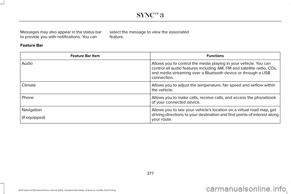 LINCOLN MKZ HYBRID 2018 Owners Manual Messages may also appear in the status barto provide you with notifications. You canselect the message to view the associatedfeature.
Feature Bar
FunctionsFeature Bar Item
Allows you to control the me LINCOLN MKZ HYBRID 2018 Owners Manual Messages may also appear in the status barto provide you with notifications. You canselect the message to view the associatedfeature.
Feature Bar
FunctionsFeature Bar Item
Allows you to control the me