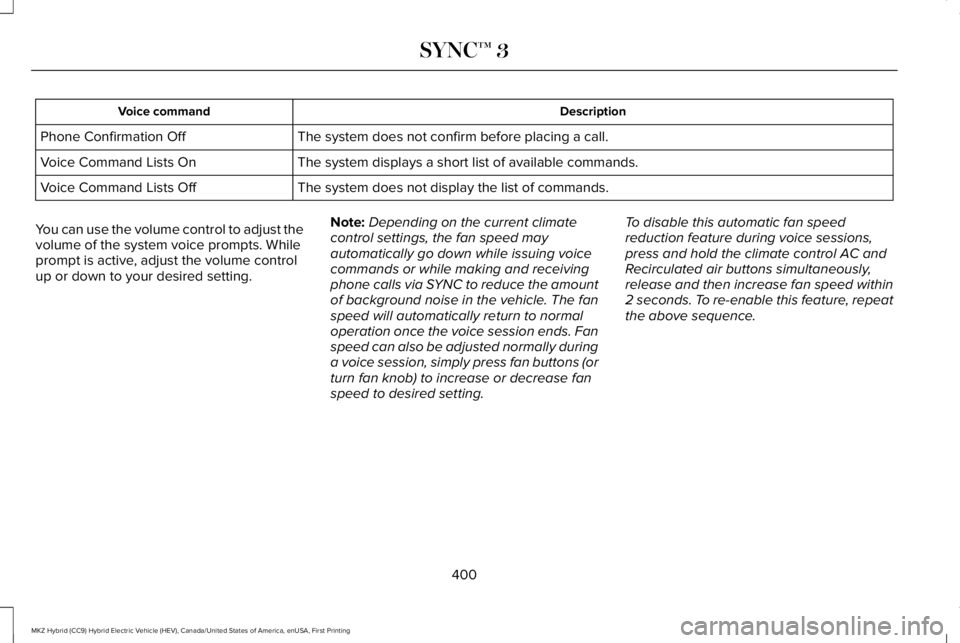 LINCOLN MKZ HYBRID 2018 Owners Manual DescriptionVoice command
The system does not confirm before placing a call.Phone Confirmation Off
The system displays a short list of available commands.Voice Command Lists On
The system does not disp LINCOLN MKZ HYBRID 2018 Owners Manual DescriptionVoice command
The system does not confirm before placing a call.Phone Confirmation Off
The system displays a short list of available commands.Voice Command Lists On
The system does not disp