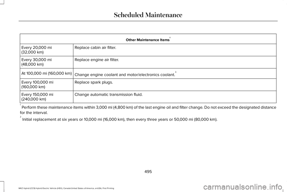 LINCOLN MKZ HYBRID 2018 Owners Manual Other Maintenance Items1
Replace cabin air filter.Every 20,000 mi(32,000 km)
Replace engine air filter.Every 30,000 mi(48,000 km)
Change engine coolant and motor/electronics coolant.2.At 100,000 mi (1 LINCOLN MKZ HYBRID 2018 Owners Manual Other Maintenance Items1
Replace cabin air filter.Every 20,000 mi(32,000 km)
Replace engine air filter.Every 30,000 mi(48,000 km)
Change engine coolant and motor/electronics coolant.2.At 100,000 mi (1
