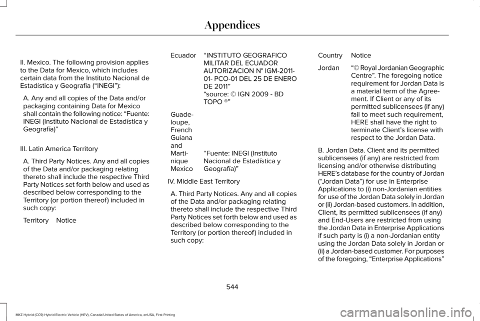 LINCOLN MKZ HYBRID 2018 Owners Manual II. Mexico. The following provision appliesto the Data for Mexico, which includescertain data from the Instituto Nacional deEstadística y Geografía (“INEGI”):
A. Any and all copies of the Data a LINCOLN MKZ HYBRID 2018 Owners Manual II. Mexico. The following provision appliesto the Data for Mexico, which includescertain data from the Instituto Nacional deEstadística y Geografía (“INEGI”):
A. Any and all copies of the Data a