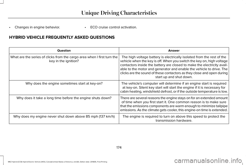 LINCOLN MKZ HYBRID 2019 Owners Manual •Changes in engine behavior.•ECO cruise control activation.
HYBRID VEHICLE FREQUENTLY ASKED QUESTIONS
AnswerQuestion
The high voltage battery is electrically isolated from the rest of thevehicle w LINCOLN MKZ HYBRID 2019 Owners Manual •Changes in engine behavior.•ECO cruise control activation.
HYBRID VEHICLE FREQUENTLY ASKED QUESTIONS
AnswerQuestion
The high voltage battery is electrically isolated from the rest of thevehicle w