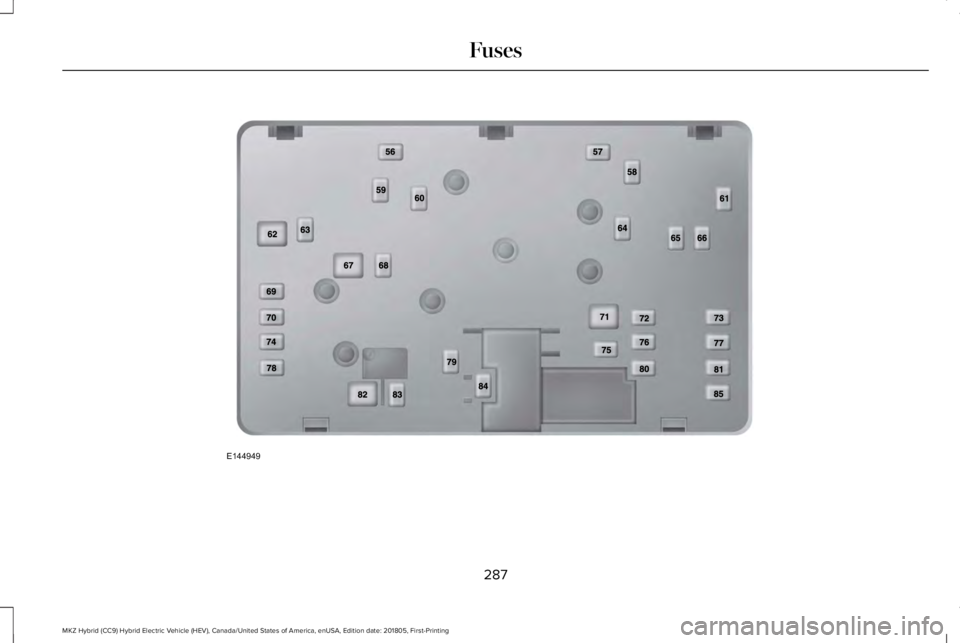 LINCOLN MKZ HYBRID 2019  Owners Manual 287
MKZ Hybrid (CC9) Hybrid Electric Vehicle (HEV), Canada/United States of America, enUSA, Edition date: 201805, First-Printing
FusesE144949  