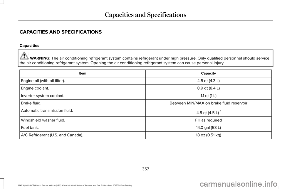 LINCOLN MKZ HYBRID 2019  Owners Manual CAPACITIES AND SPECIFICATIONS
Capacities
WARNING: The air conditioning refrigerant system contains refrigerant under high pressure. Only qualified personnel should servicethe air conditioning refriger