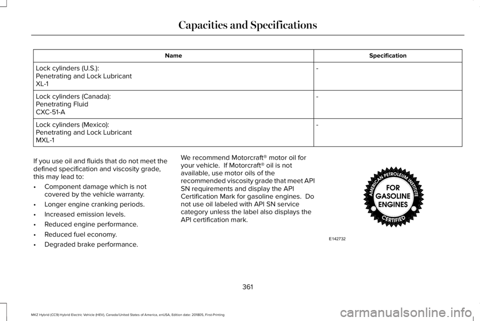 LINCOLN MKZ HYBRID 2019  Owners Manual SpecificationName
-Lock cylinders (U.S.):Penetrating and Lock LubricantXL-1
-Lock cylinders (Canada):Penetrating FluidCXC-51-A
-Lock cylinders (Mexico):Penetrating and Lock LubricantMXL-1
If you use o