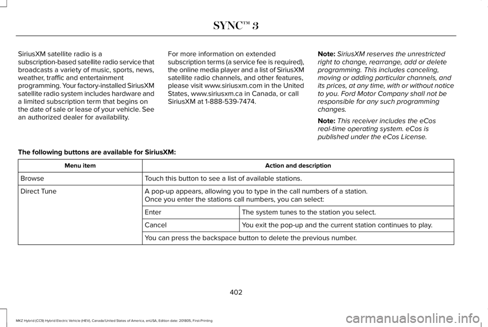 LINCOLN MKZ HYBRID 2019 Owners Manual SiriusXM satellite radio is asubscription-based satellite radio service thatbroadcasts a variety of music, sports, news,weather, traffic and entertainmentprogramming. Your factory-installed SiriusXMsa LINCOLN MKZ HYBRID 2019 Owners Manual SiriusXM satellite radio is asubscription-based satellite radio service thatbroadcasts a variety of music, sports, news,weather, traffic and entertainmentprogramming. Your factory-installed SiriusXMsa