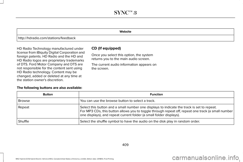 LINCOLN MKZ HYBRID 2019  Owners Manual Website
http://hdradio.com/stations/feedback
HD Radio Technology manufactured underlicense from iBiquity Digital Corporation andforeign patents. HD Radio and the HD andHD Radio logos are proprietary t