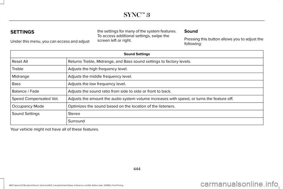 LINCOLN MKZ HYBRID 2019 Owners Manual SETTINGS
Under this menu, you can access and adjust
the settings for many of the system features.To access additional settings, swipe thescreen left or right.
Sound
Pressing this button allows you to LINCOLN MKZ HYBRID 2019 Owners Manual SETTINGS
Under this menu, you can access and adjust
the settings for many of the system features.To access additional settings, swipe thescreen left or right.
Sound
Pressing this button allows you to