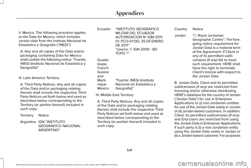 LINCOLN MKZ HYBRID 2019 Owners Manual II. Mexico. The following provision appliesto the Data for Mexico, which includescertain data from the Instituto Nacional deEstadística y Geografía (“INEGI”):
A. Any and all copies of the Data a LINCOLN MKZ HYBRID 2019 Owners Manual II. Mexico. The following provision appliesto the Data for Mexico, which includescertain data from the Instituto Nacional deEstadística y Geografía (“INEGI”):
A. Any and all copies of the Data a