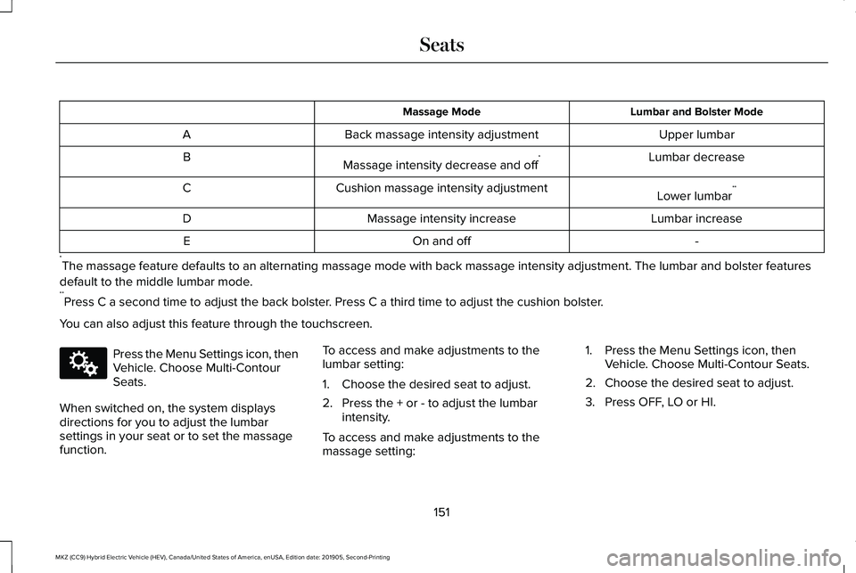 LINCOLN MKZ HYBRID 2020 Owners Manual Lumbar and Bolster Mode
Massage Mode
Upper lumbar
Back massage intensity adjustment
A
Lumbar decrease
Massage intensity decrease and off *
B
Lower lumbar**
Cushion massage intensity adjustment
C
Lumba LINCOLN MKZ HYBRID 2020 Owners Manual Lumbar and Bolster Mode
Massage Mode
Upper lumbar
Back massage intensity adjustment
A
Lumbar decrease
Massage intensity decrease and off *
B
Lower lumbar**
Cushion massage intensity adjustment
C
Lumba