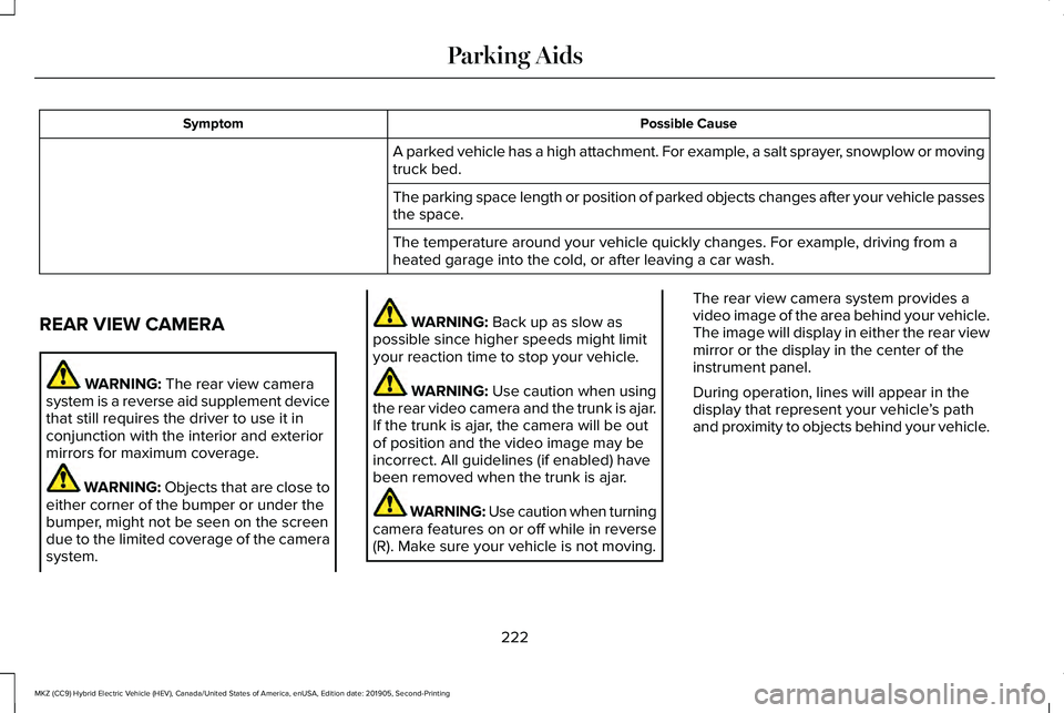 LINCOLN MKZ HYBRID 2020 Owners Manual Possible Cause
Symptom
A parked vehicle has a high attachment. For example, a salt sprayer, snowplow or moving
truck bed.
The parking space length or position of parked objects changes after your vehi LINCOLN MKZ HYBRID 2020 Owners Manual Possible Cause
Symptom
A parked vehicle has a high attachment. For example, a salt sprayer, snowplow or moving
truck bed.
The parking space length or position of parked objects changes after your vehi
