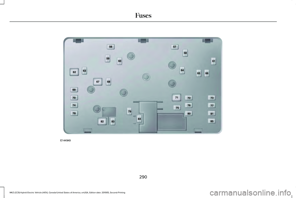LINCOLN MKZ HYBRID 2020  Owners Manual 290
MKZ (CC9) Hybrid Electric Vehicle (HEV), Canada/United States of America, enUSA, Edition date: 201905, Second-Printing FusesE144949  