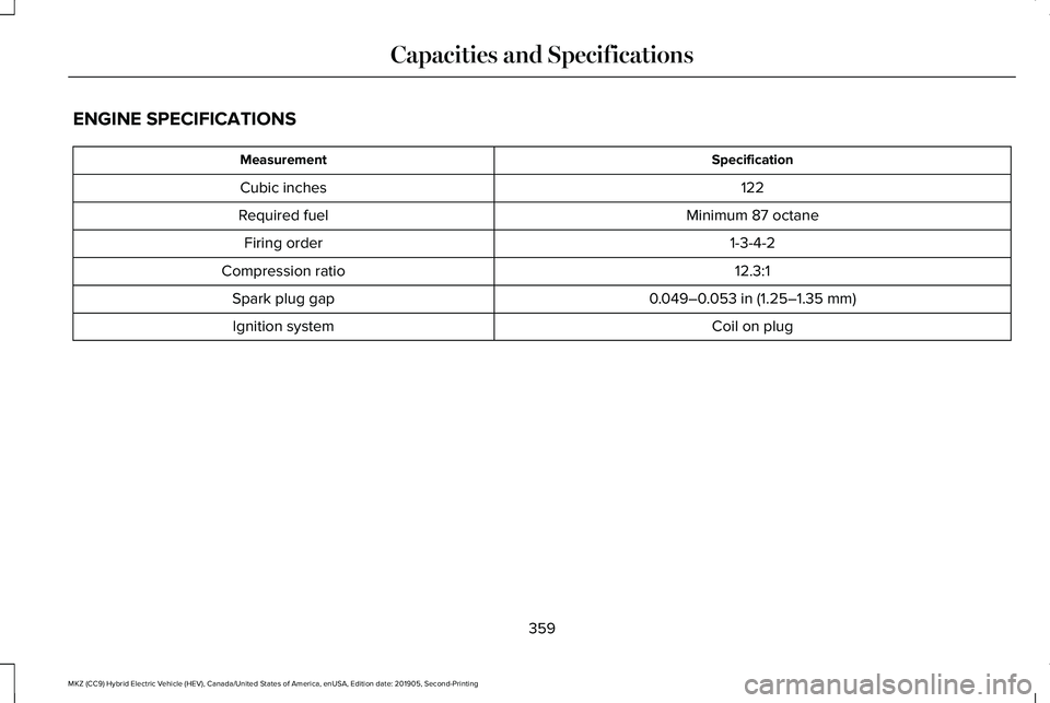 LINCOLN MKZ HYBRID 2020  Owners Manual ENGINE SPECIFICATIONS
Specification
Measurement
122
Cubic inches
Minimum 87 octane
Required fuel
1-3-4-2
Firing order
12.3:1
Compression ratio
0.049–0.053 in (1.25–1.35 mm)
Spark plug gap
Coil on 