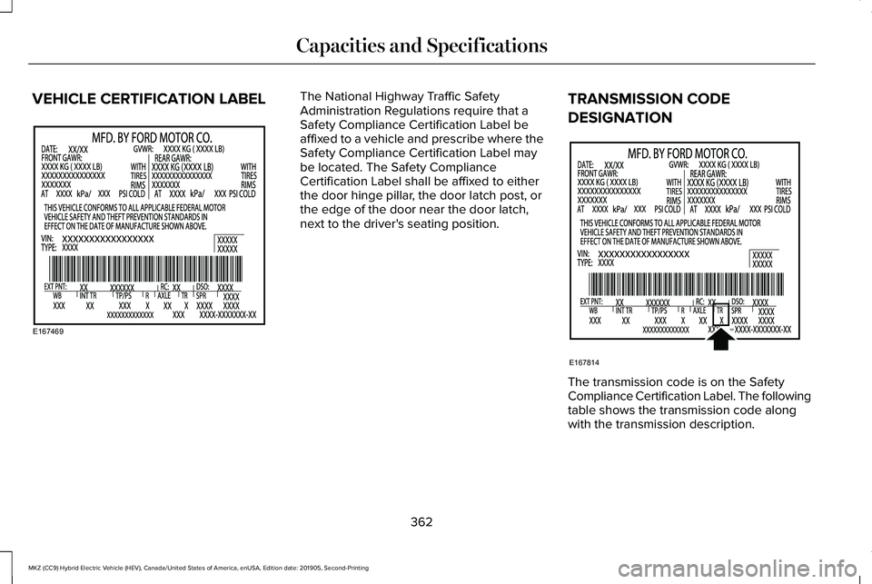 LINCOLN MKZ HYBRID 2020  Owners Manual VEHICLE CERTIFICATION LABEL The National Highway Traffic Safety
Administration Regulations require that a
Safety Compliance Certification Label be
affixed to a vehicle and prescribe where the
Safety C