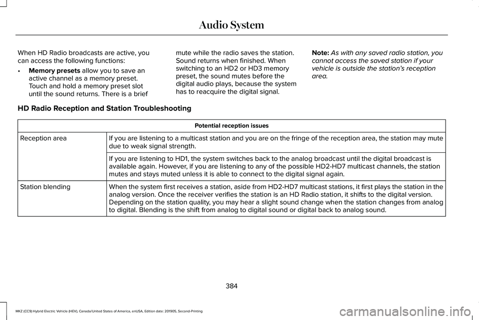 LINCOLN MKZ HYBRID 2020 Owners Manual When HD Radio broadcasts are active, you
can access the following functions:
•
Memory presets allow you to save an
active channel as a memory preset.
Touch and hold a memory preset slot
until the so LINCOLN MKZ HYBRID 2020 Owners Manual When HD Radio broadcasts are active, you
can access the following functions:
•
Memory presets allow you to save an
active channel as a memory preset.
Touch and hold a memory preset slot
until the so