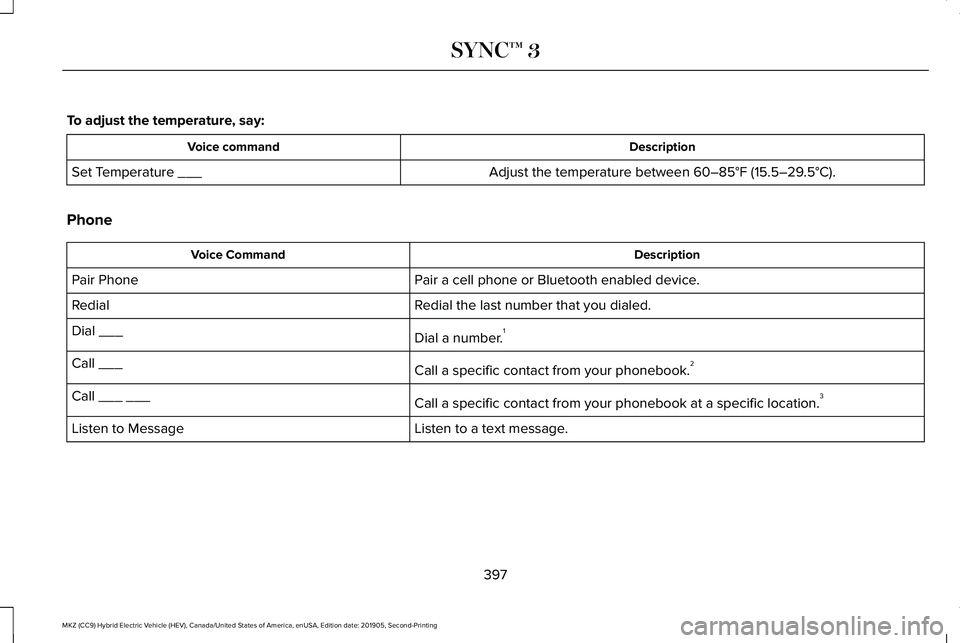 LINCOLN MKZ HYBRID 2020 Owners Manual To adjust the temperature, say:
Description
Voice command
Adjust the temperature between 60–85°F (15.5–29.5°C).
Set Temperature ___
Phone Description
Voice Command
Pair a cell phone or Bluetooth LINCOLN MKZ HYBRID 2020 Owners Manual To adjust the temperature, say:
Description
Voice command
Adjust the temperature between 60–85°F (15.5–29.5°C).
Set Temperature ___
Phone Description
Voice Command
Pair a cell phone or Bluetooth
