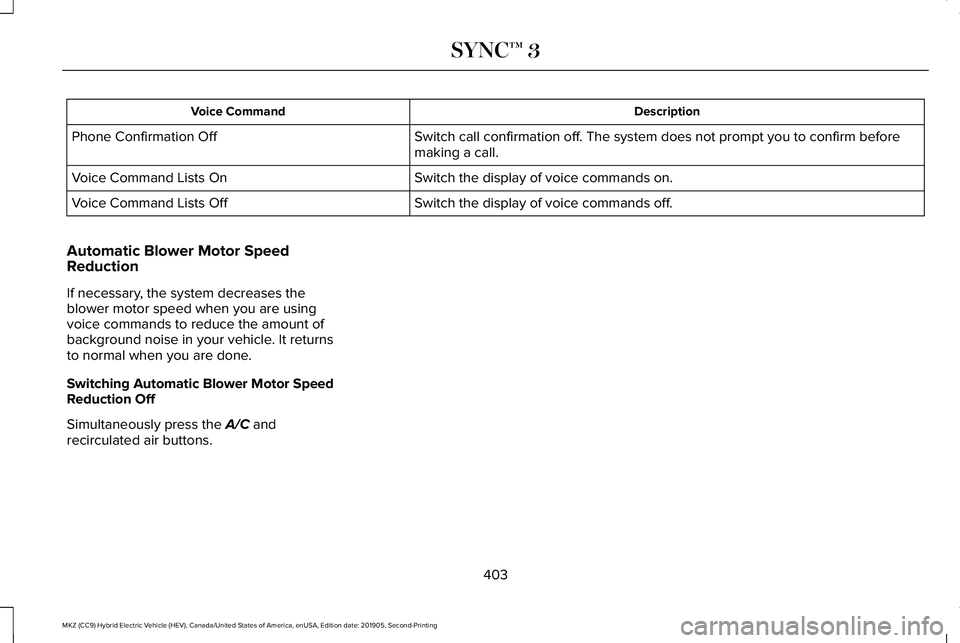 LINCOLN MKZ HYBRID 2020 Owners Manual Description
Voice Command
Switch call confirmation off. The system does not prompt you to confirm before
making a call.
Phone Confirmation Off
Switch the display of voice commands on.
Voice Command Li LINCOLN MKZ HYBRID 2020 Owners Manual Description
Voice Command
Switch call confirmation off. The system does not prompt you to confirm before
making a call.
Phone Confirmation Off
Switch the display of voice commands on.
Voice Command Li