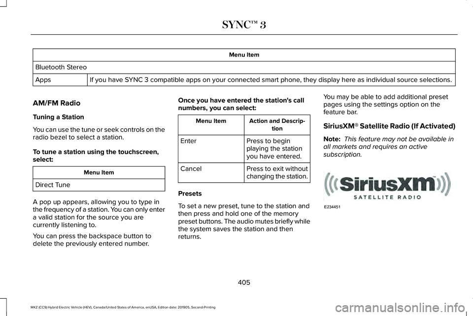 LINCOLN MKZ HYBRID 2020 Owners Manual Menu Item
Bluetooth Stereo If you have SYNC 3 compatible apps on your connected smart phone, they display here as individual source selections.
Apps
AM/FM Radio
Tuning a Station
You can use the tune o LINCOLN MKZ HYBRID 2020 Owners Manual Menu Item
Bluetooth Stereo If you have SYNC 3 compatible apps on your connected smart phone, they display here as individual source selections.
Apps
AM/FM Radio
Tuning a Station
You can use the tune o