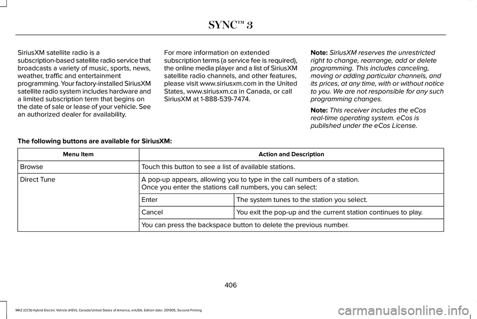 LINCOLN MKZ HYBRID 2020  Owners Manual SiriusXM satellite radio is a
subscription-based satellite radio service that
broadcasts a variety of music, sports, news,
weather, traffic and entertainment
programming. Your factory-installed Sirius