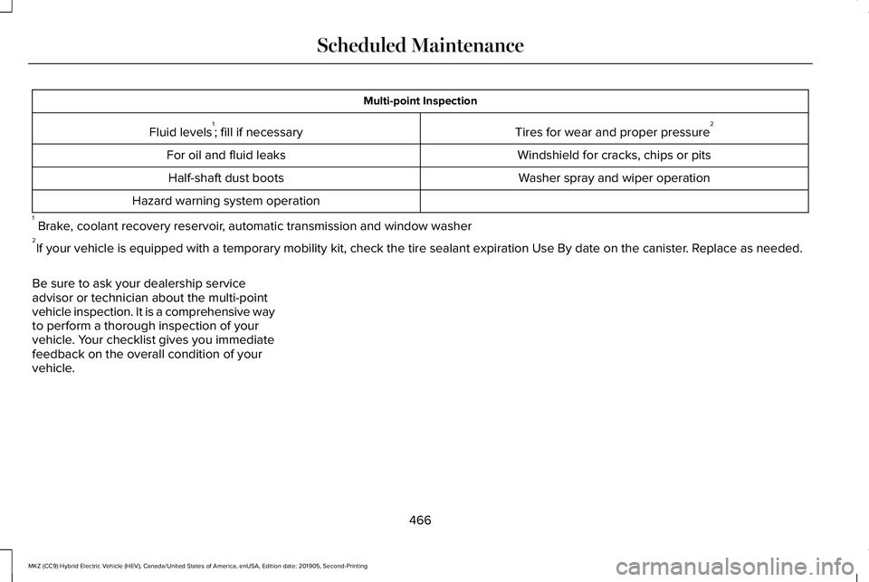 LINCOLN MKZ HYBRID 2020 Owners Manual Multi-point Inspection
Tires for wear and proper pressure 2
Fluid levels 1
; fill if necessary
Windshield for cracks, chips or pits
For oil and fluid leaks
Washer spray and wiper operation
Half-shaft LINCOLN MKZ HYBRID 2020 Owners Manual Multi-point Inspection
Tires for wear and proper pressure 2
Fluid levels 1
; fill if necessary
Windshield for cracks, chips or pits
For oil and fluid leaks
Washer spray and wiper operation
Half-shaft