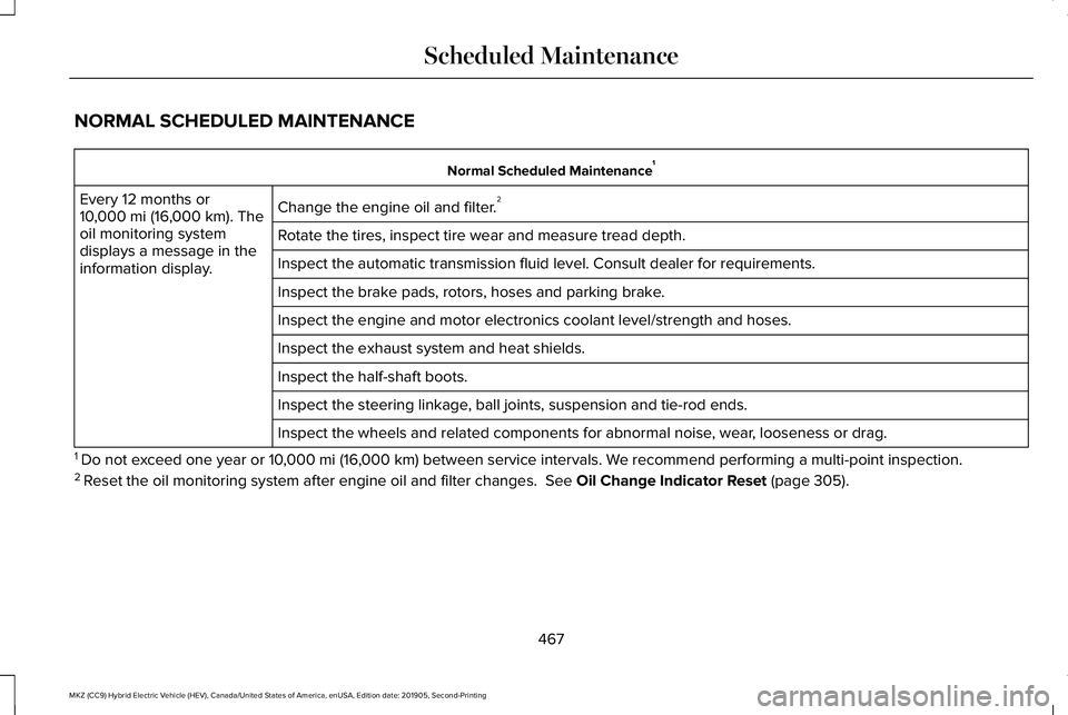 LINCOLN MKZ HYBRID 2020 Owners Manual NORMAL SCHEDULED MAINTENANCE
Normal Scheduled Maintenance
1
Change the engine oil and filter. 2
Every 12 months or
10,000 mi (16,000 km). The
oil monitoring system
displays a message in the
informatio LINCOLN MKZ HYBRID 2020 Owners Manual NORMAL SCHEDULED MAINTENANCE
Normal Scheduled Maintenance
1
Change the engine oil and filter. 2
Every 12 months or
10,000 mi (16,000 km). The
oil monitoring system
displays a message in the
informatio