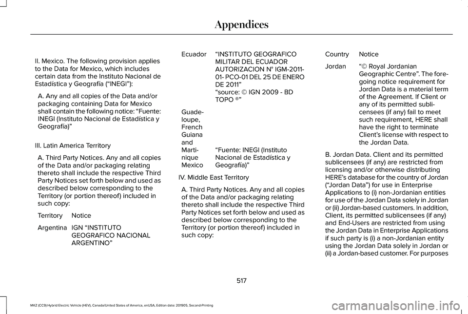 LINCOLN MKZ HYBRID 2020 Owners Manual II. Mexico. The following provision applies
to the Data for Mexico, which includes
certain data from the Instituto Nacional de
Estadística y Geografía (“INEGI”):
A. Any and all copies of the Dat LINCOLN MKZ HYBRID 2020 Owners Manual II. Mexico. The following provision applies
to the Data for Mexico, which includes
certain data from the Instituto Nacional de
Estadística y Geografía (“INEGI”):
A. Any and all copies of the Dat