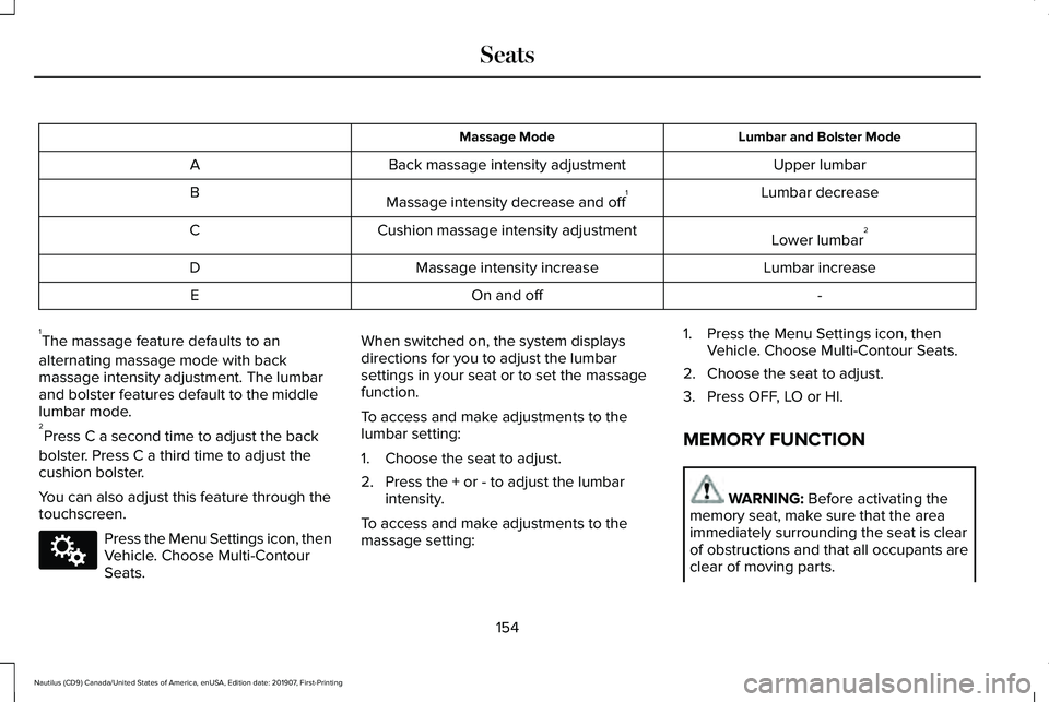LINCOLN NAUTILUS 2020 Owners Manual Lumbar and Bolster Mode
Massage Mode
Upper lumbar
Back massage intensity adjustment
A
Lumbar decrease
Massage intensity decrease and off 1
B
Lower lumbar2
Cushion massage intensity adjustment
C
Lumbar LINCOLN NAUTILUS 2020 Owners Manual Lumbar and Bolster Mode
Massage Mode
Upper lumbar
Back massage intensity adjustment
A
Lumbar decrease
Massage intensity decrease and off 1
B
Lower lumbar2
Cushion massage intensity adjustment
C
Lumbar