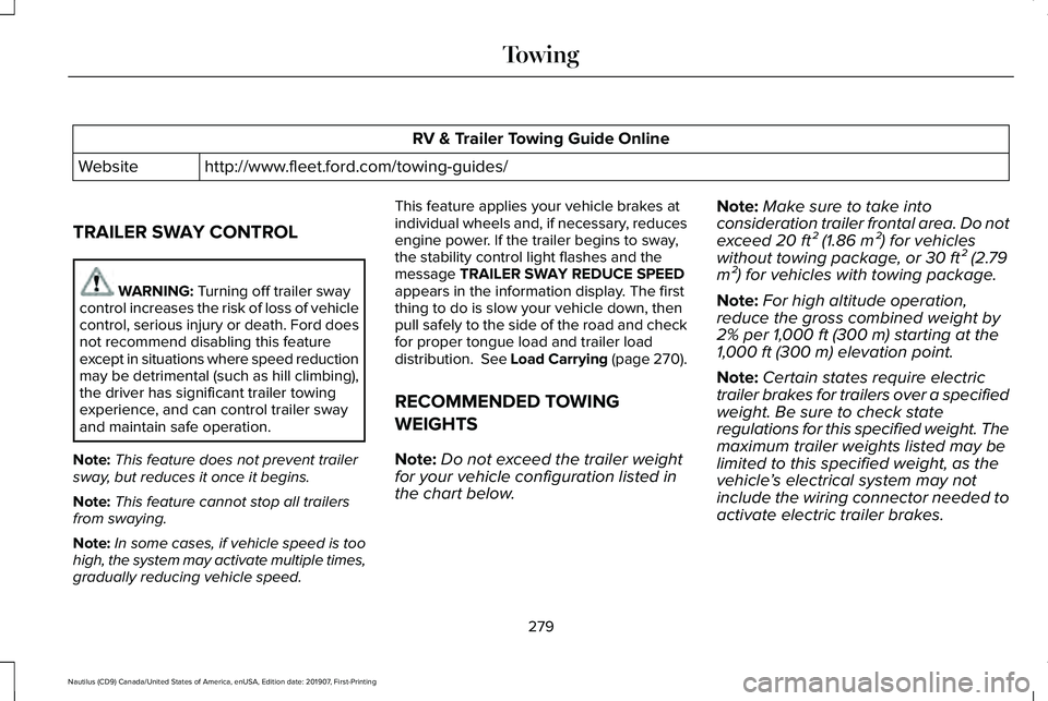 LINCOLN NAUTILUS 2020 Owners Manual RV & Trailer Towing Guide Online
http://www.fleet.ford.com/towing-guides/
Website
TRAILER SWAY CONTROL WARNING: Turning off trailer sway
control increases the risk of loss of vehicle
control, serious LINCOLN NAUTILUS 2020 Owners Manual RV & Trailer Towing Guide Online
http://www.fleet.ford.com/towing-guides/
Website
TRAILER SWAY CONTROL WARNING: Turning off trailer sway
control increases the risk of loss of vehicle
control, serious