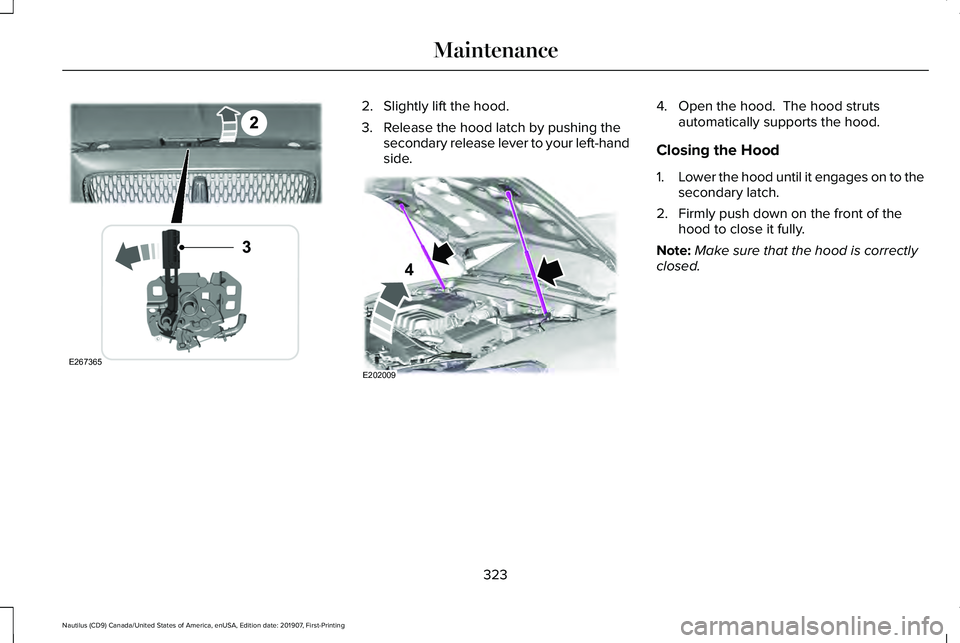 LINCOLN NAUTILUS 2020  Owners Manual 2. Slightly lift the hood.
3. Release the hood latch by pushing the
secondary release lever to your left-hand
side. 4. Open the hood.  The hood struts
automatically supports the hood.
Closing the Hood