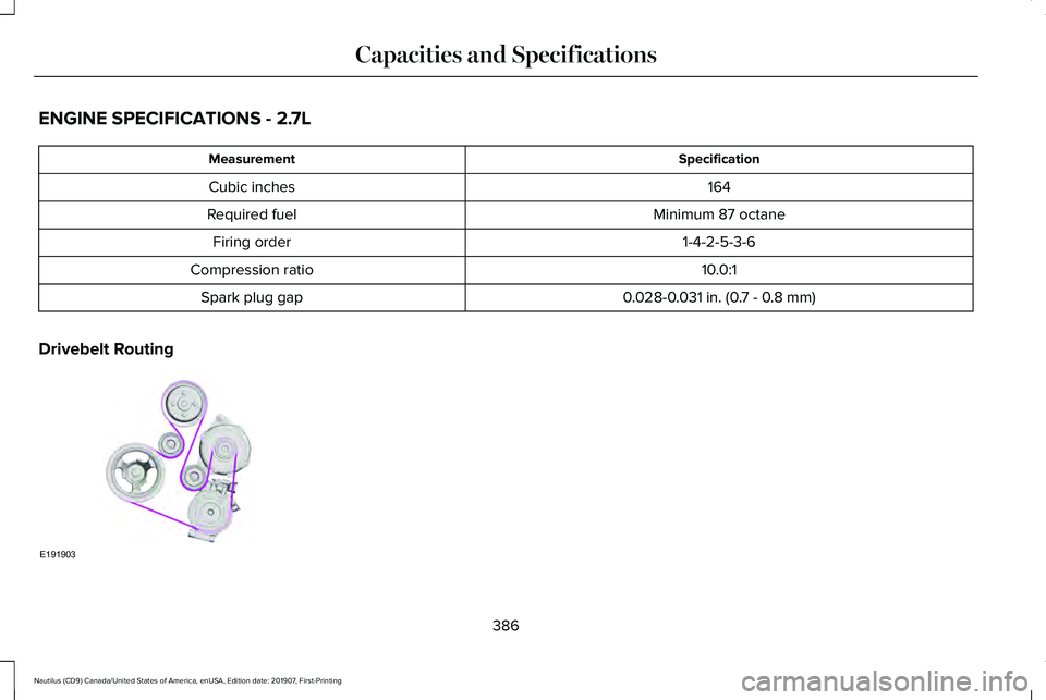 LINCOLN NAUTILUS 2020 Owners Manual ENGINE SPECIFICATIONS - 2.7L
Specification
Measurement
164
Cubic inches
Minimum 87 octane
Required fuel
1-4-2-5-3-6
Firing order
10.0:1
Compression ratio
0.028-0.031 in. (0.7 - 0.8 mm)
Spark plug gap
LINCOLN NAUTILUS 2020 Owners Manual ENGINE SPECIFICATIONS - 2.7L
Specification
Measurement
164
Cubic inches
Minimum 87 octane
Required fuel
1-4-2-5-3-6
Firing order
10.0:1
Compression ratio
0.028-0.031 in. (0.7 - 0.8 mm)
Spark plug gap
