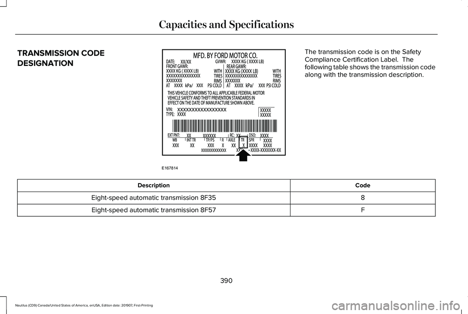 LINCOLN NAUTILUS 2020  Owners Manual TRANSMISSION CODE
DESIGNATION The transmission code is on the Safety
Compliance Certification Label.  The
following table shows the transmission code
along with the transmission description.
Code
Desc